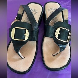 Fly London Womens 70AD Leather Open Toe Casual Ankle Strap, Black